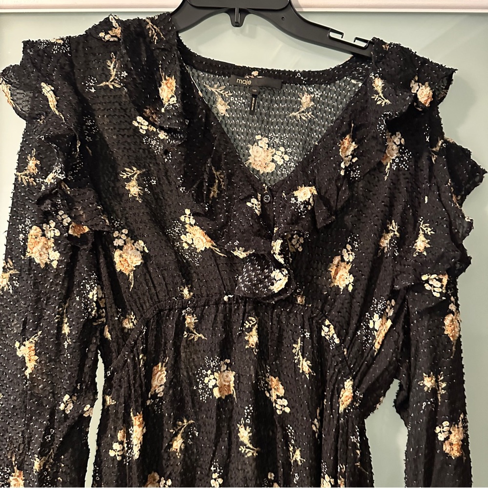 Maje Rider Midi Print on Black Floral Textured Dress Euro Size 36 - Picture 3 of 12